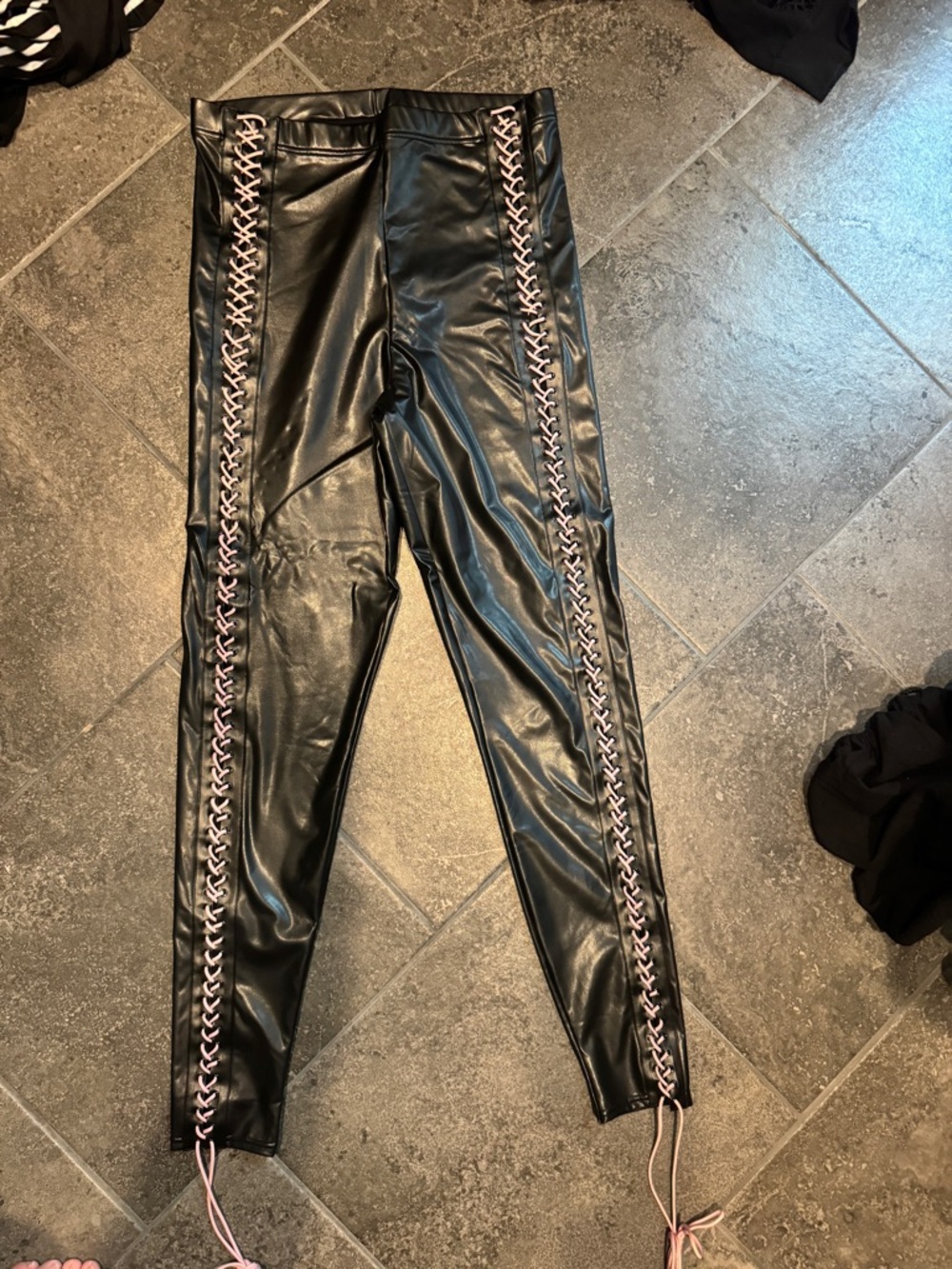 BlackMilk Black Vegan Leather Leggings with Pink Lacing